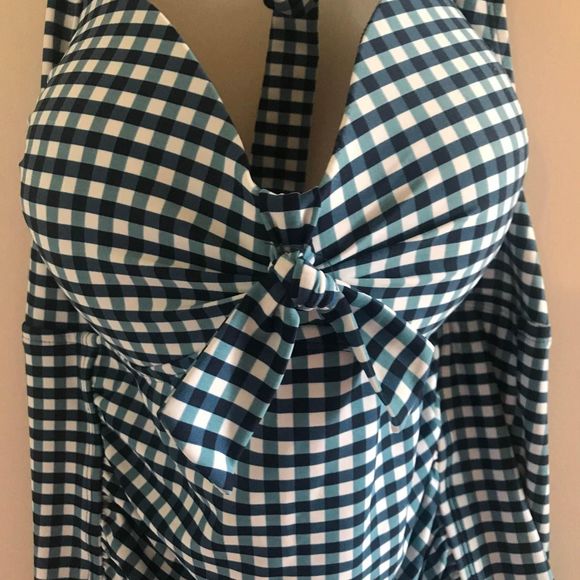 New With Tags Merona Blue Navy Teal White Checkered Swimsuit Bathing Suit XL - Picture 2 of 7